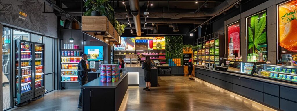 a vibrant urban dispensary interior showcases a diverse selection of brightly packaged thc beverages, with an engaging staff member assisting eager customers in a sleek, modern environment.