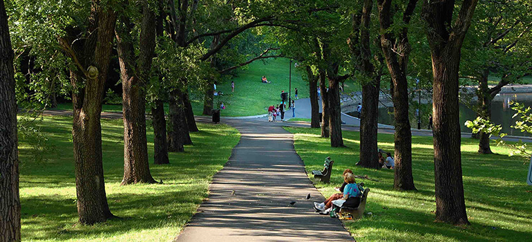 Pathway through a green park with trees, benches, and people enjoying leisure activities, near James J. Braddock Park and Hudson County Park, relevant to Uforia Dispensary's community engagement and accessibility for North Bergen residents.