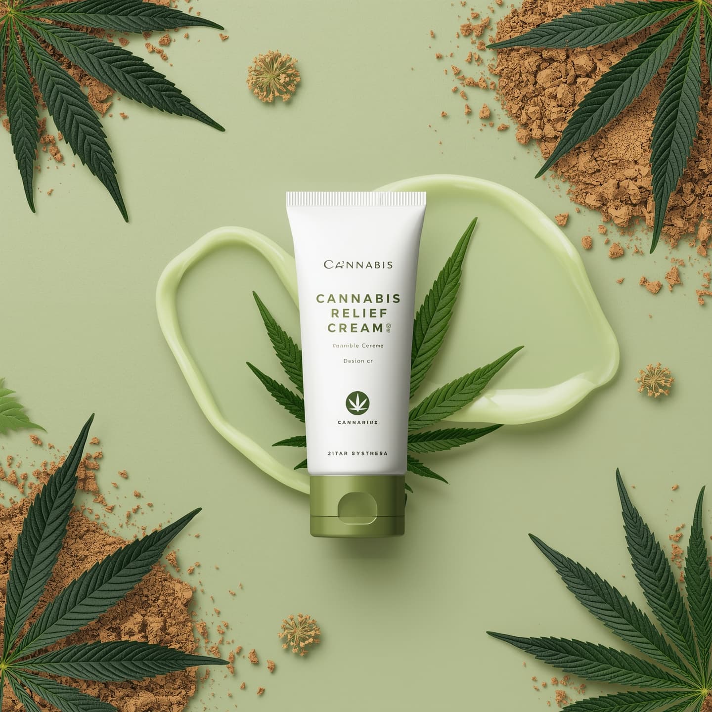 Cannabis relief cream tube surrounded by cannabis leaves and natural ingredients, emphasizing localized pain relief in Jersey City.