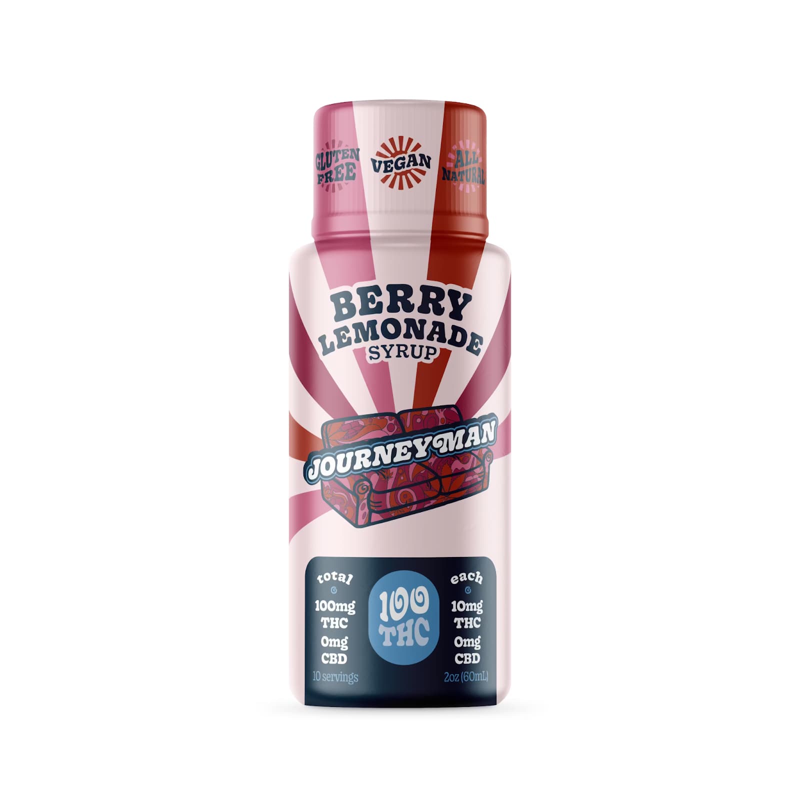 Berry Lemonade syrup bottle labeled "Journeyman," containing 100mg THC total, 10mg THC per serving, vegan, gluten-free, and all-natural, against a vibrant background.