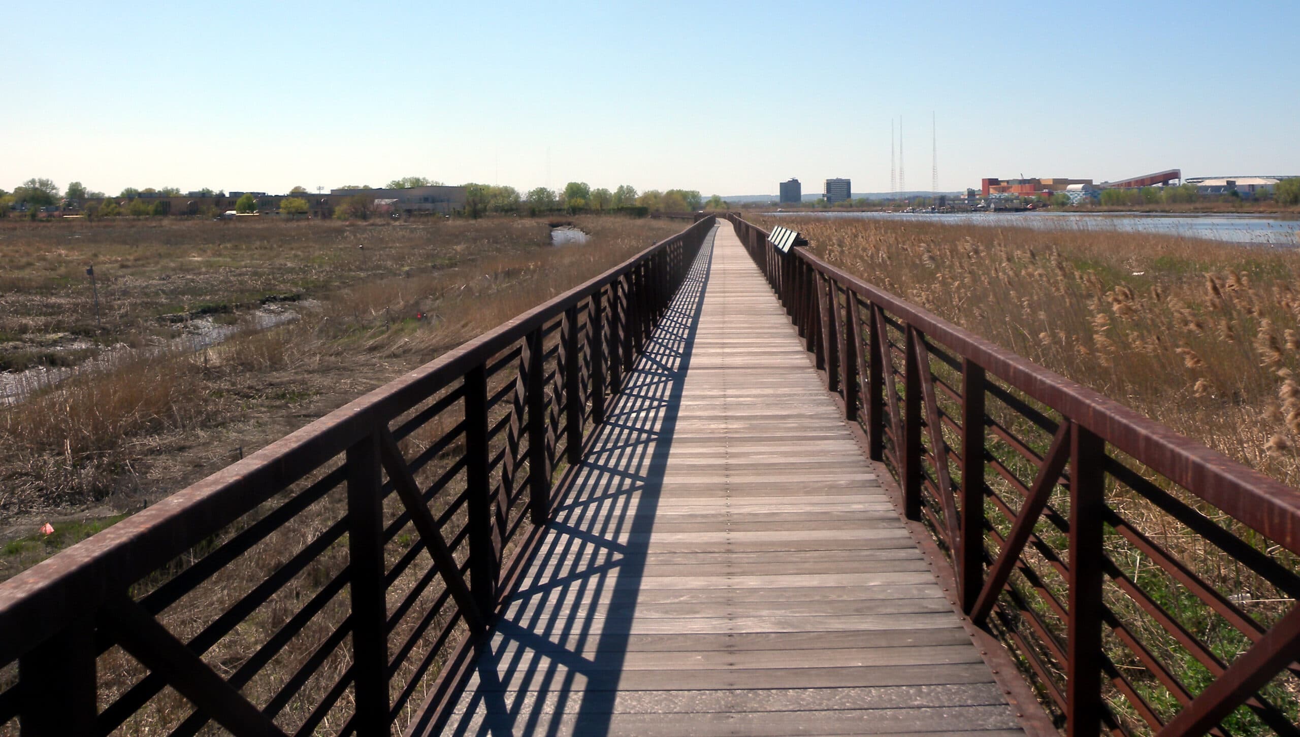 Wooden boardwalk extending through marshland, with tall grasses and distant buildings, representing the natural surroundings near Uforia Dispensary in Secaucus, NJ.