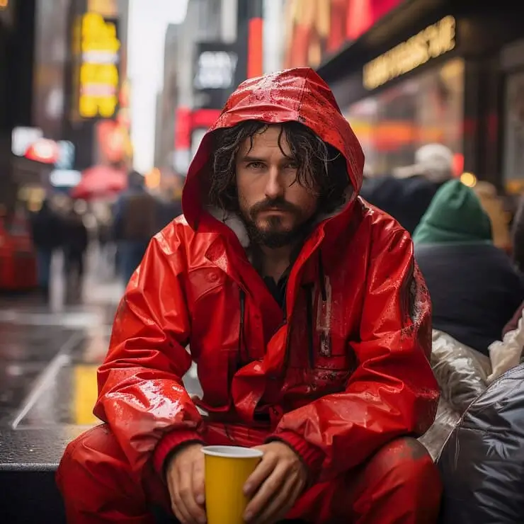 Man in a red raincoat sitting on a city street, holding a yellow cup, surrounded by urban scenery and pedestrians, reflecting the diverse and vibrant atmosphere of New York.