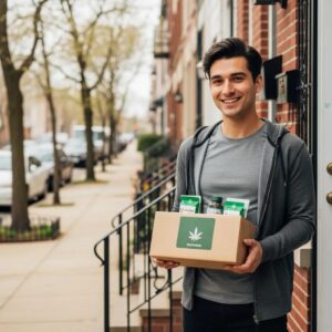 Cannabis delivery service at a residential doorstep in Jersey City