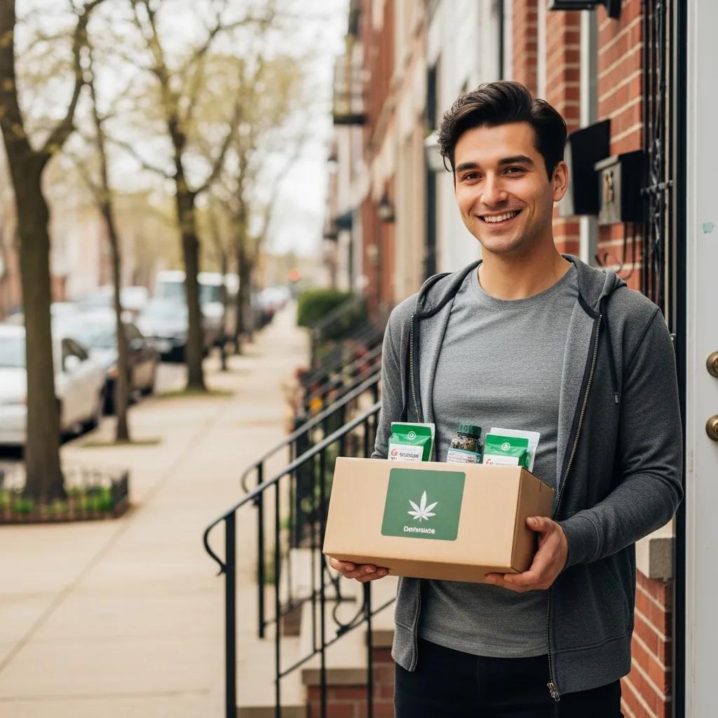 Cannabis delivery service at a residential doorstep in Jersey City