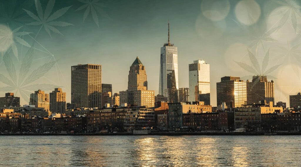 Jersey City skyline and cannabis leaf graphic, Uforia Dispensary location.