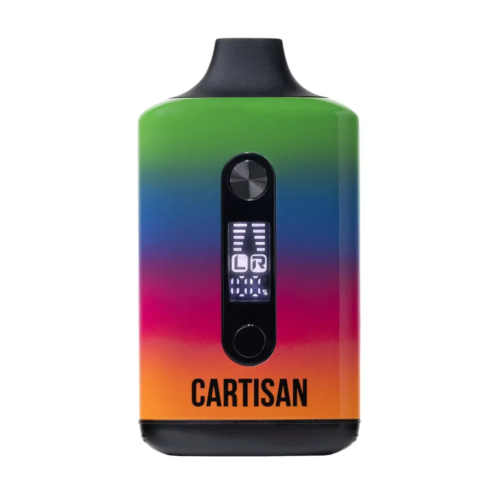 Cannabis flower vaporizer with colorful gradient and digital display, illustrating convection heating methods.