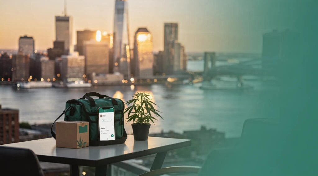 Uforia cannabis delivery bag and plant with Jersey City skyline backdrop.