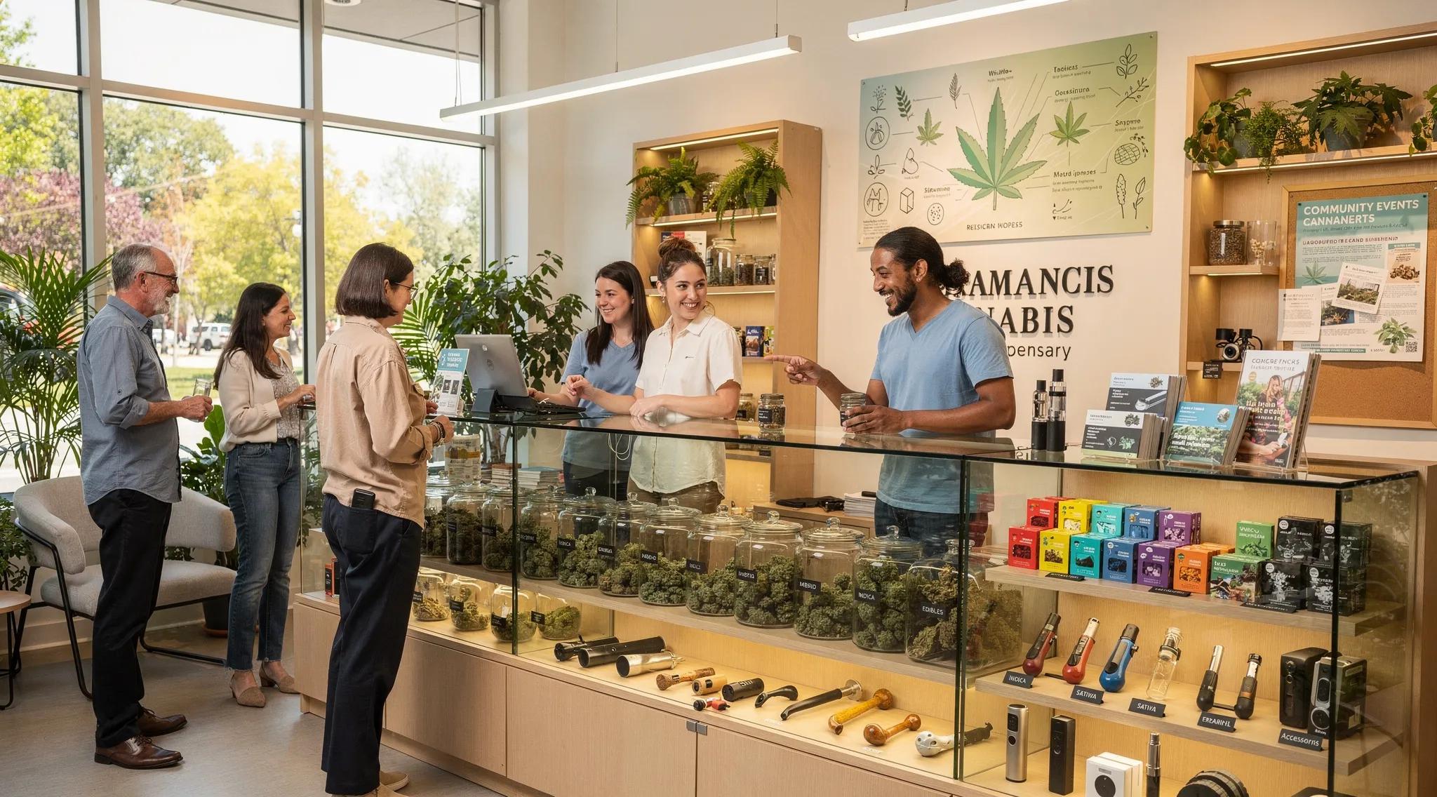 Modern cannabis dispensary interior with products and staff assisting customers
