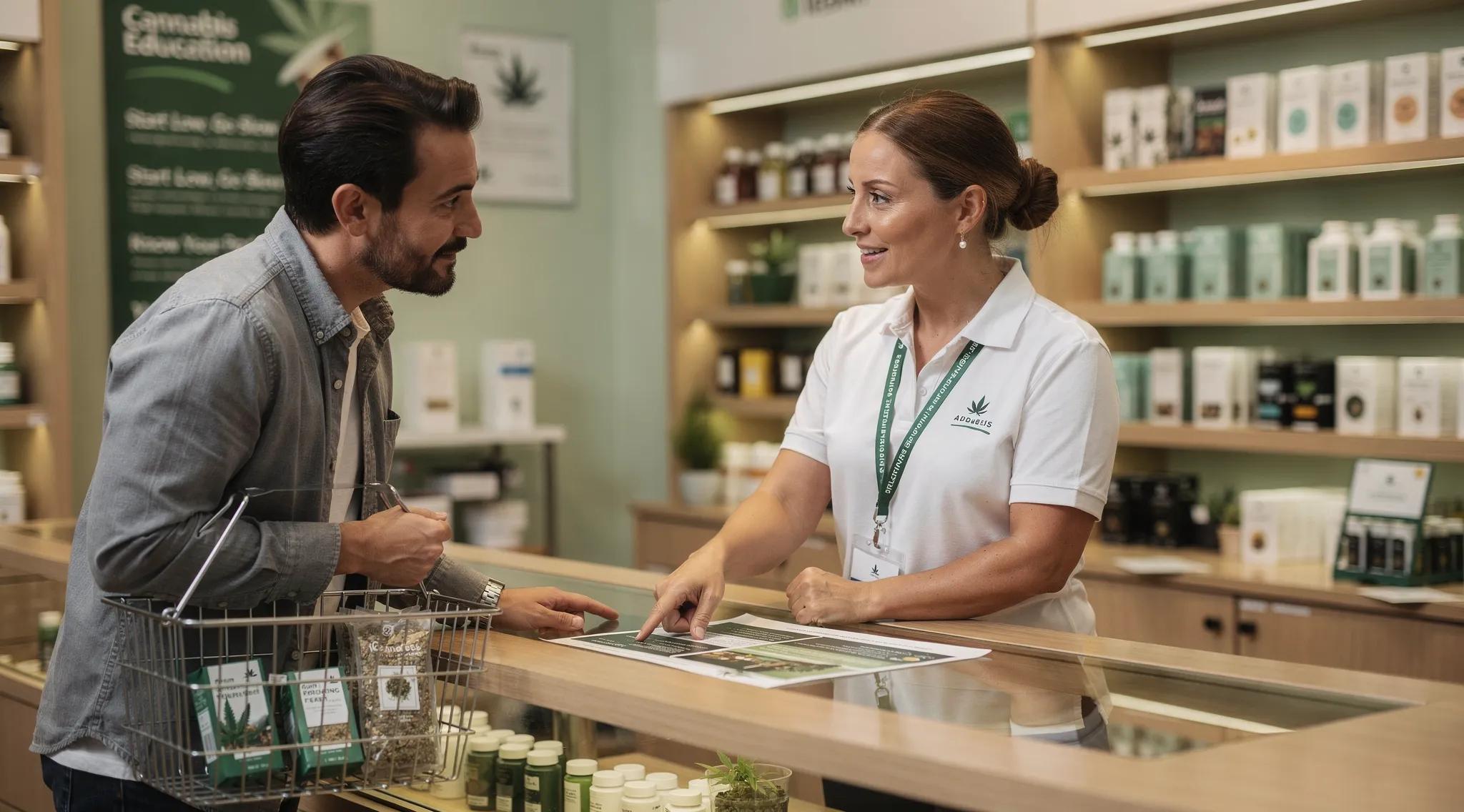 Staff member assisting a customer in a cannabis dispensary environment