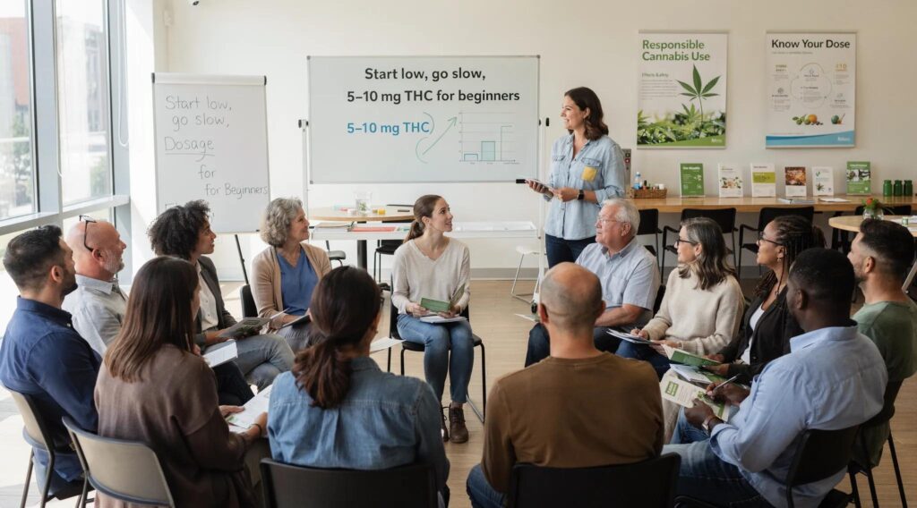 Uforia Dispensary cannabis education workshop with attendees and instructor discussing responsible edibles consumption and dosage guidelines.