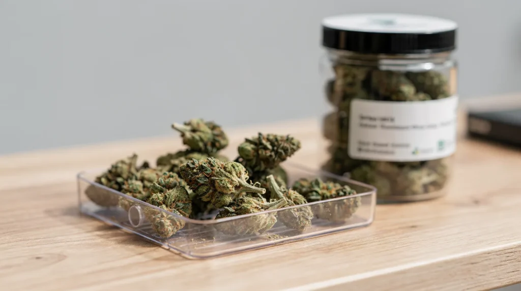 Lab-tested cannabis flower in clear container and jar, ensuring product quality and safety standards.