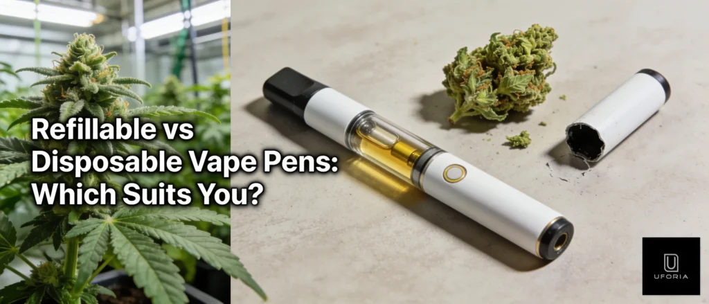 Refillable and disposable vape pens with cannabis flower, illustrating comparison of vaporizer formats.