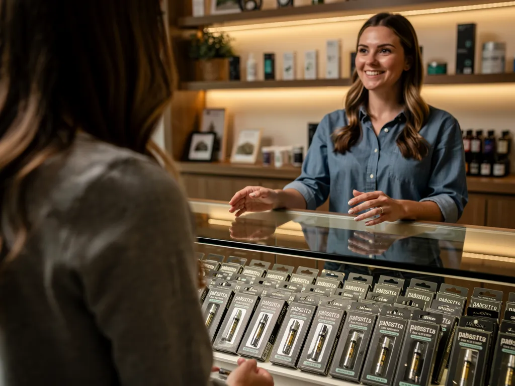 Dispensary budtender guiding a customer through CBD vape cartridge options in Jersey City