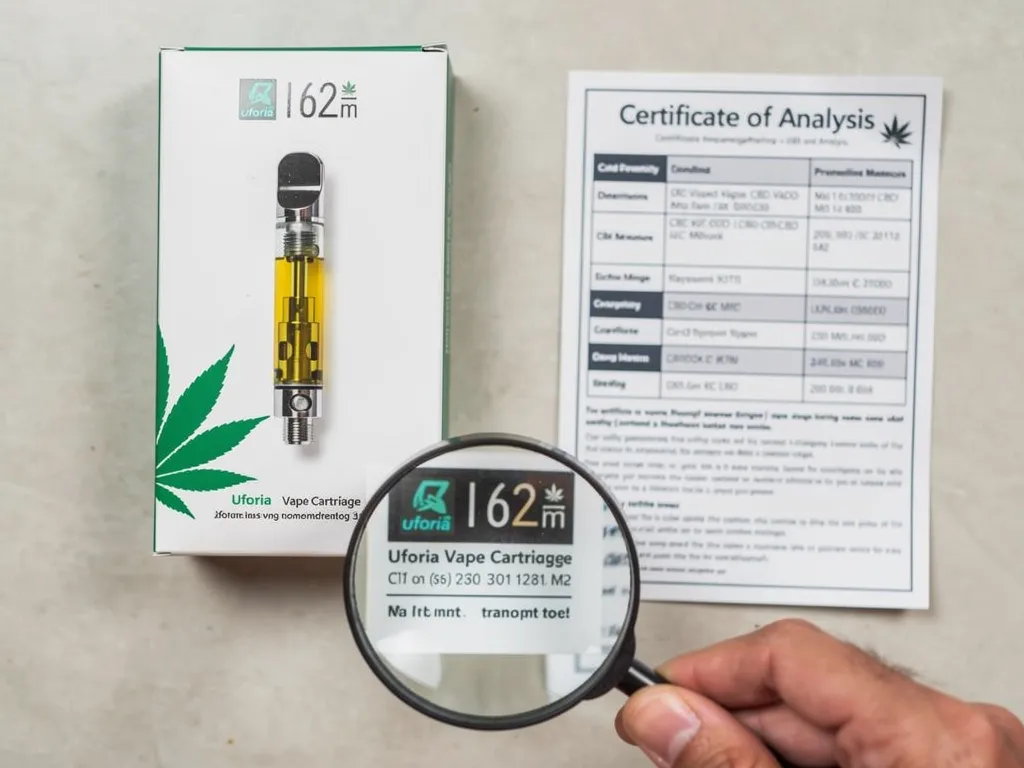 Consumer evaluating CBD vape cartridge label and Certificate of Analysis for quality assurance