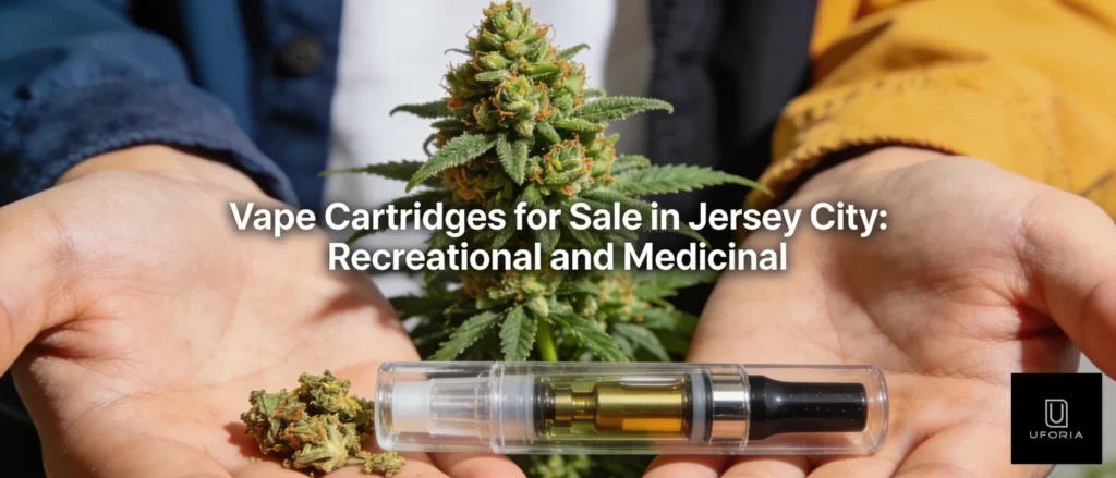 Lab-tested cannabis flower and vape cartridge, Uforia Dispensary in Jersey City.