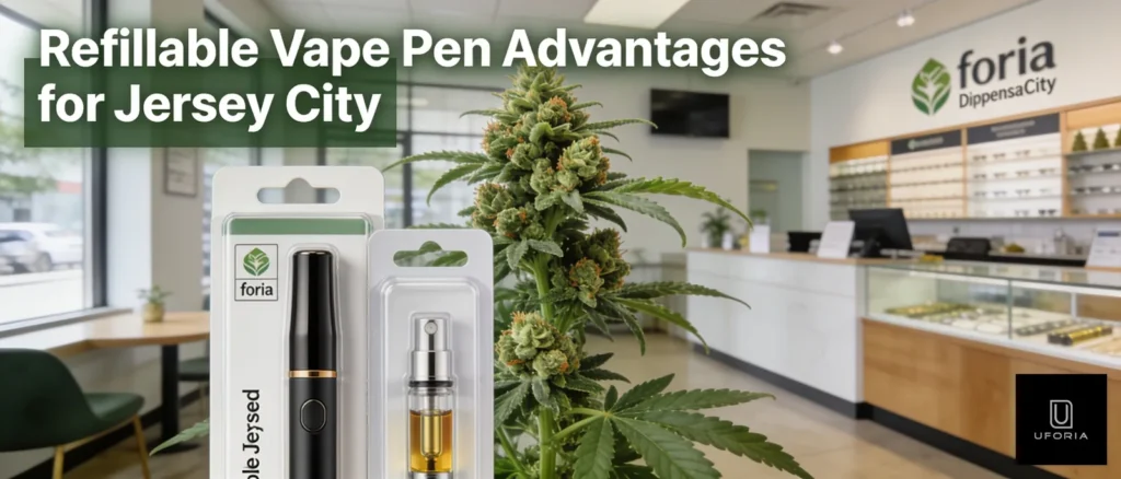 Uforia Dispensary in Jersey City: refillable vape pens, cannabis flower, and cartridges displayed in store.