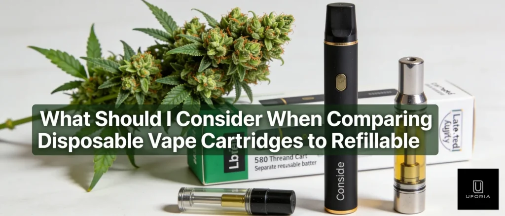 Disposable and refillable vape cartridges with cannabis flower and packaging.
