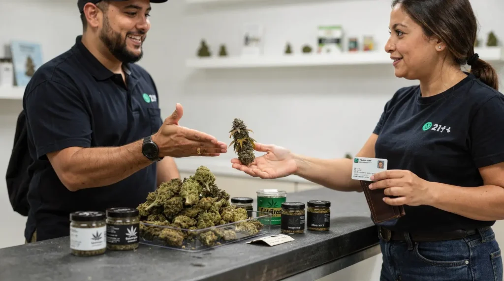 Uforia Dispensary budtenders discussing cannabis flower and vape cartridges for informed choices.