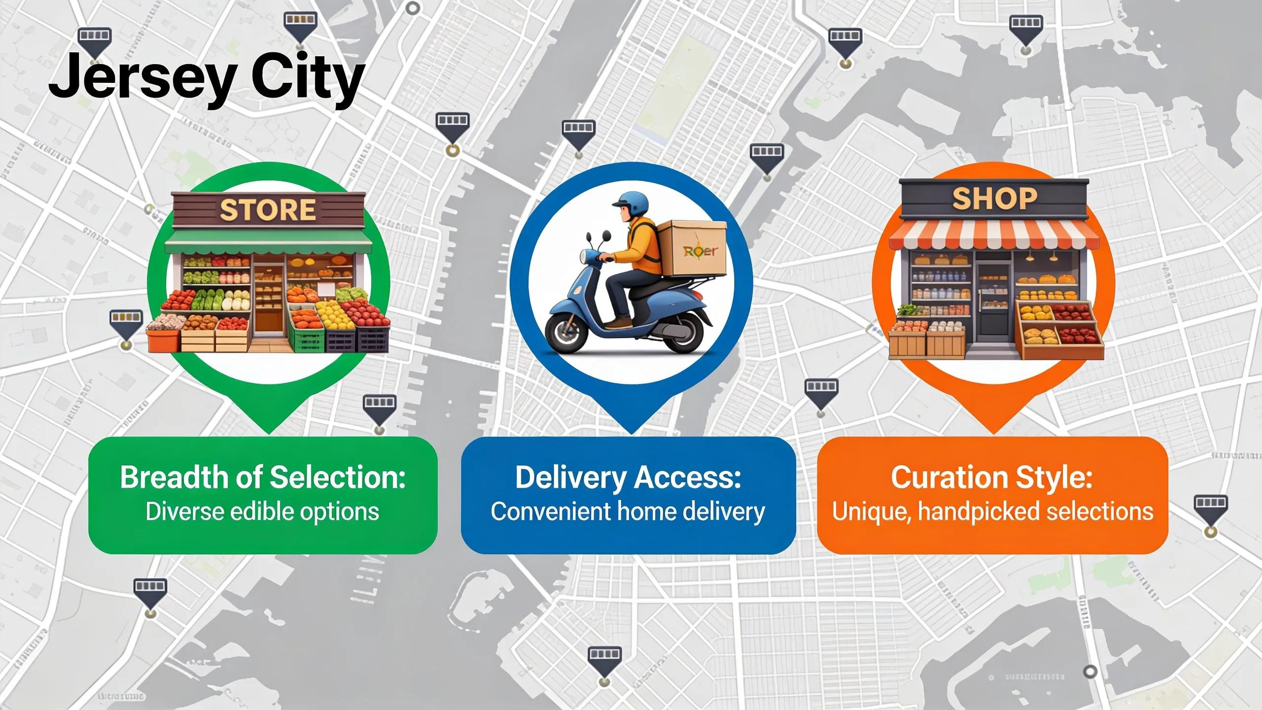 Edible selections vary across Jersey City by breadth, delivery access, and curation style. Some shops