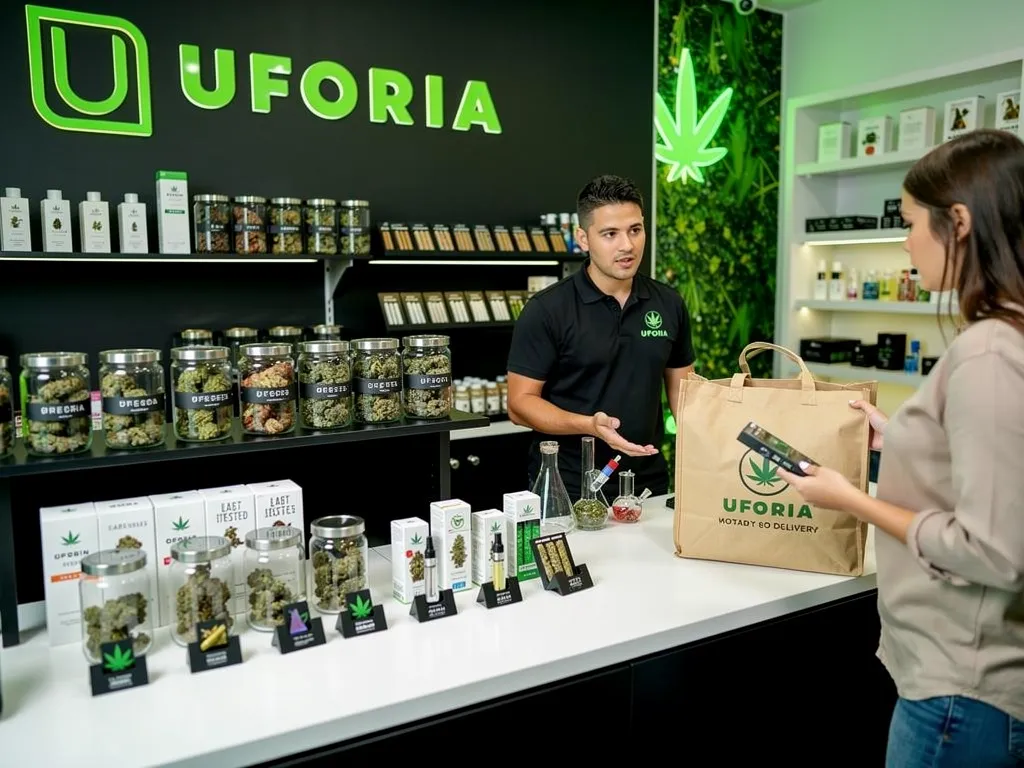 Budtender handing a packaged order to a Jersey City delivery customer