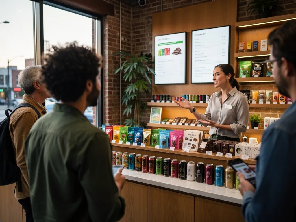 Budtender helping a customer compare edible potency and dosing options in-store