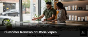 Jersey City customers reviewing cannabis vape products at a dispensary counter