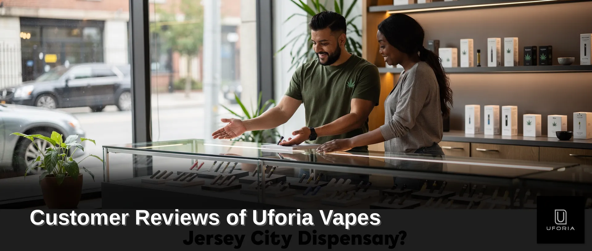 Jersey City customers reviewing cannabis vape products at a dispensary counter