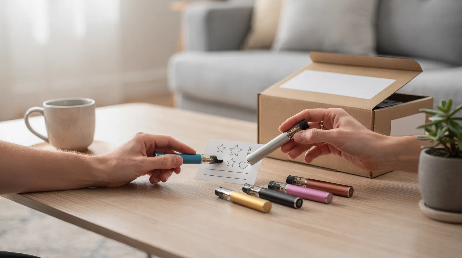 Lab-tested vape cartridges and disposable pens displayed on a dispensary shelf